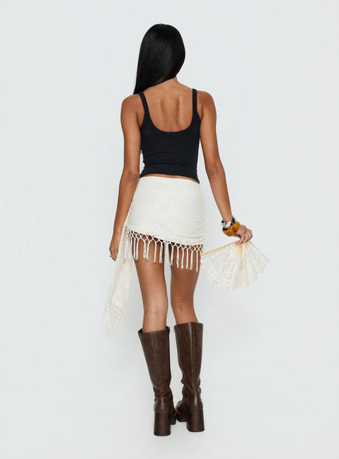 back view of model wearing Princess Polly Winita Macrame Tassel Mini Skirt Cream Mini Skirts Skirts 