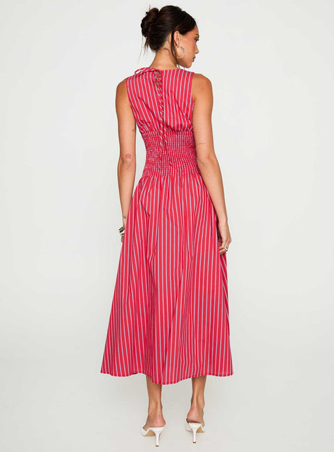 back view of model wearing Princess Polly Lilienne Cotton Poplin Maxi Dress Red Stripe Crew Neck 