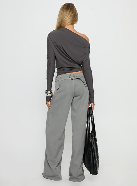 back view of model wearing Princess Polly Incognito Low Rise Wide Leg Cargo Jeans Grey Low Rise Jeans 