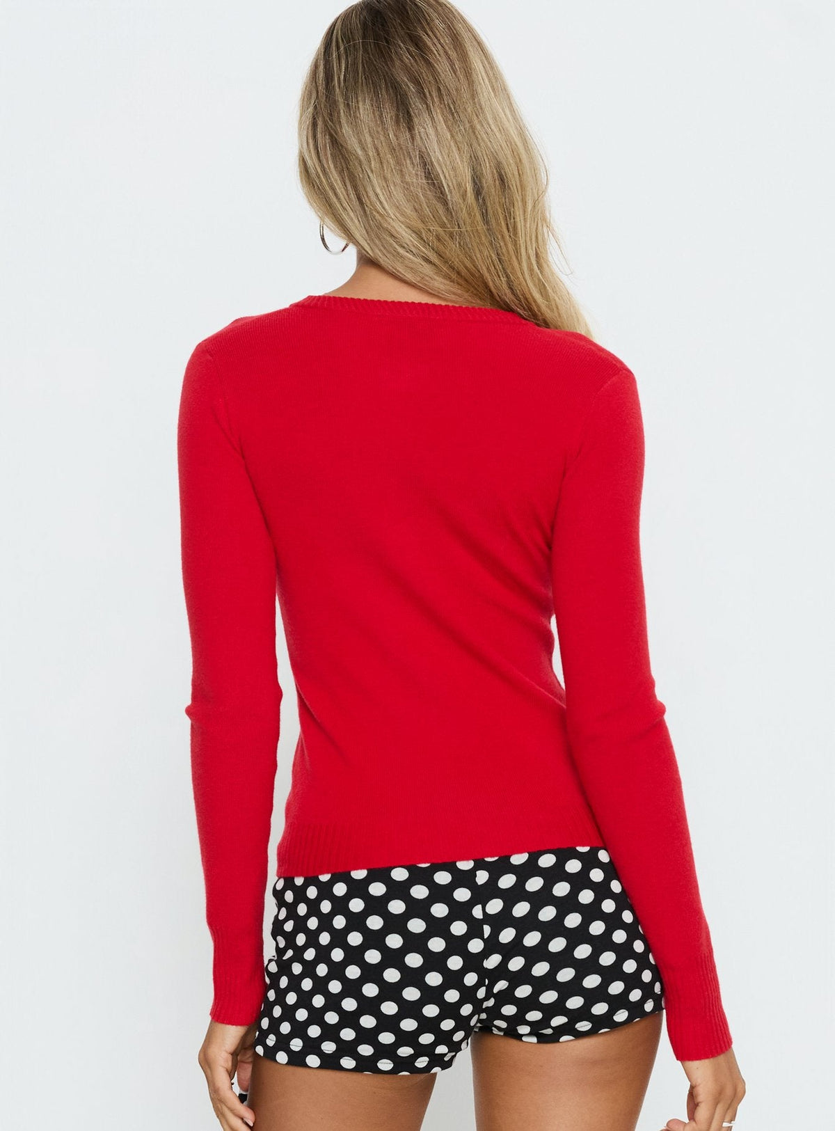 back view of model wearing Princess Polly Lauraine Cardigan Red cropped Jumpers 