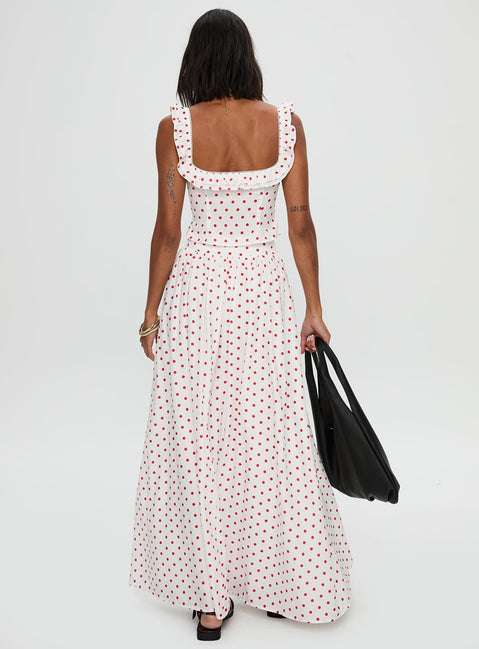 back view of model wearing Princess Polly Valerio Maxi Skirt White / Red Maxi 