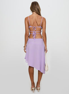 back view of model wearing Princess Polly Pappilion Asymmetrical Skirt Lilac 