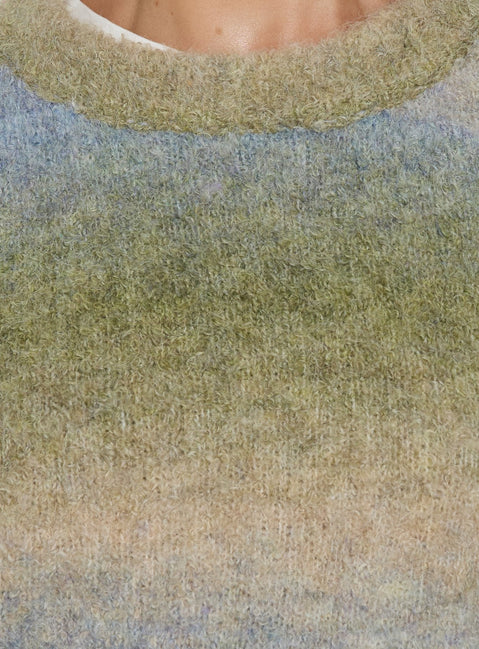 Highlighting texture detail of the Loyalty Knit Jumper Ocean Moss womens-jumpers in oversized short striped design with round neckline Princess Polly