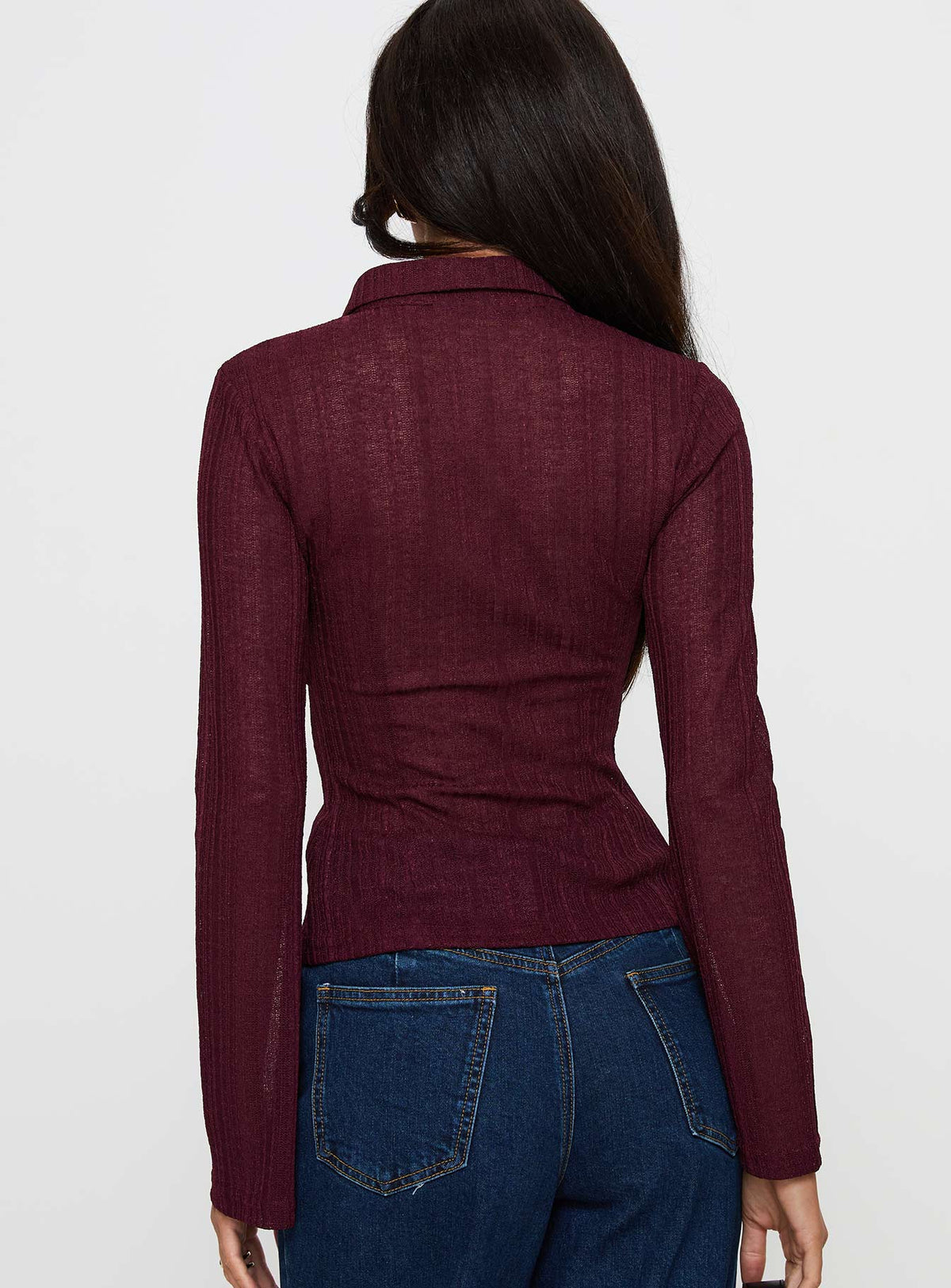 back view of model wearing Princess Polly When You Sleep Long Sleeve Top Wine Full Sleeves V-Neck 