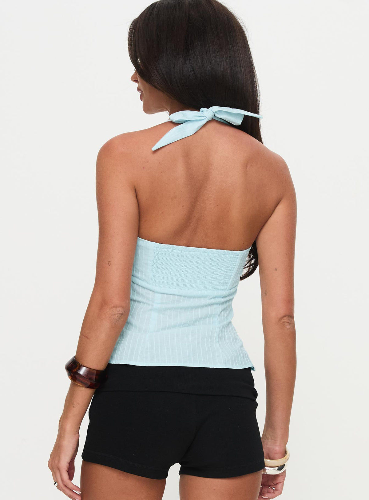 back view of model wearing Princess Polly Isabetta Halter Top Aqua Sleeveless Sweetheart 