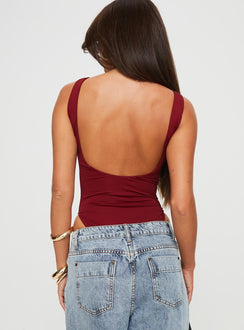 back view of model wearing Princess Polly Beresford Bodysuit Wine Sleeveless 