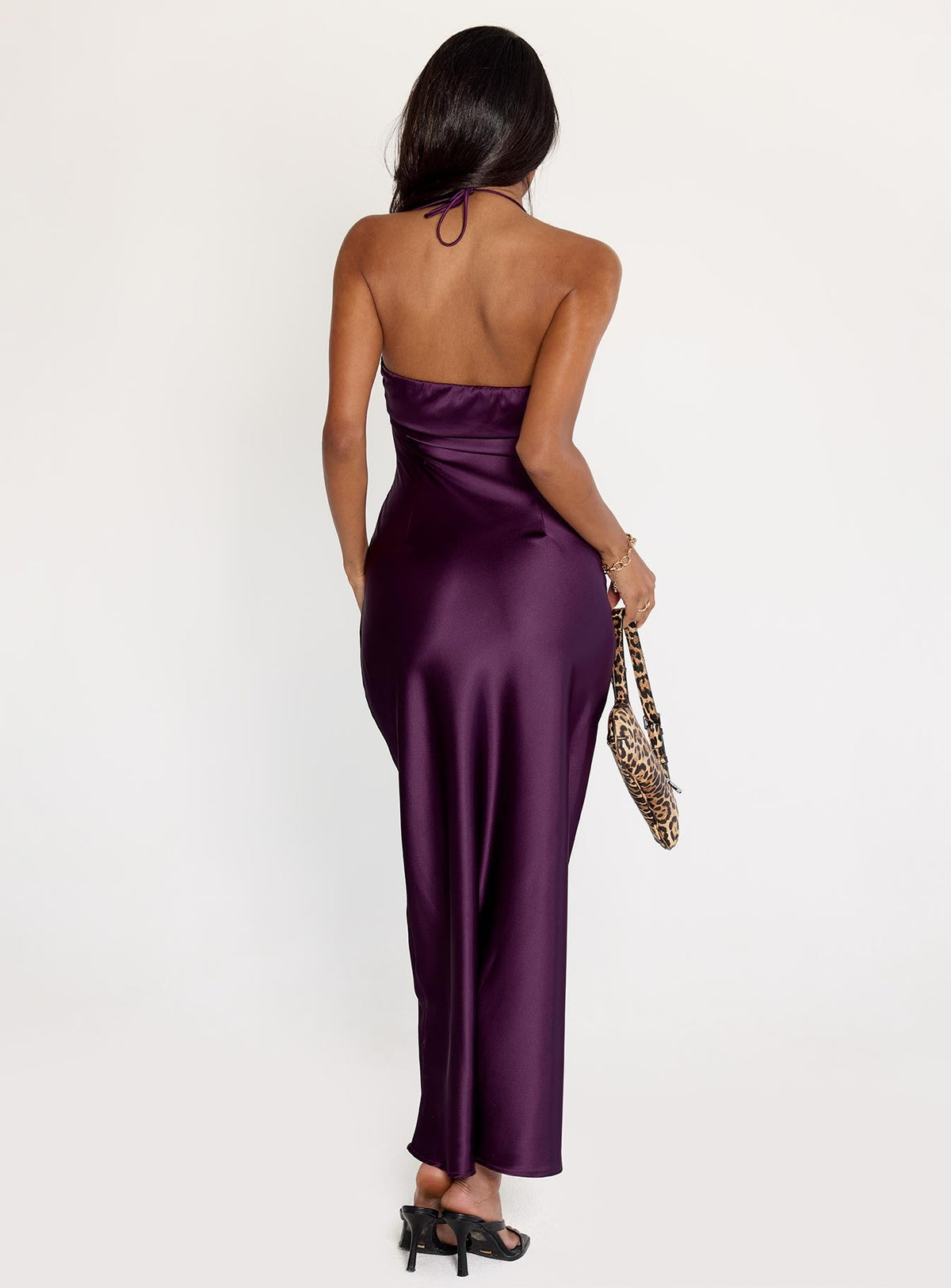 back view of model wearing Princess Polly Fireproof Halter Maxi Dress Plum Sweetheart Neckline 