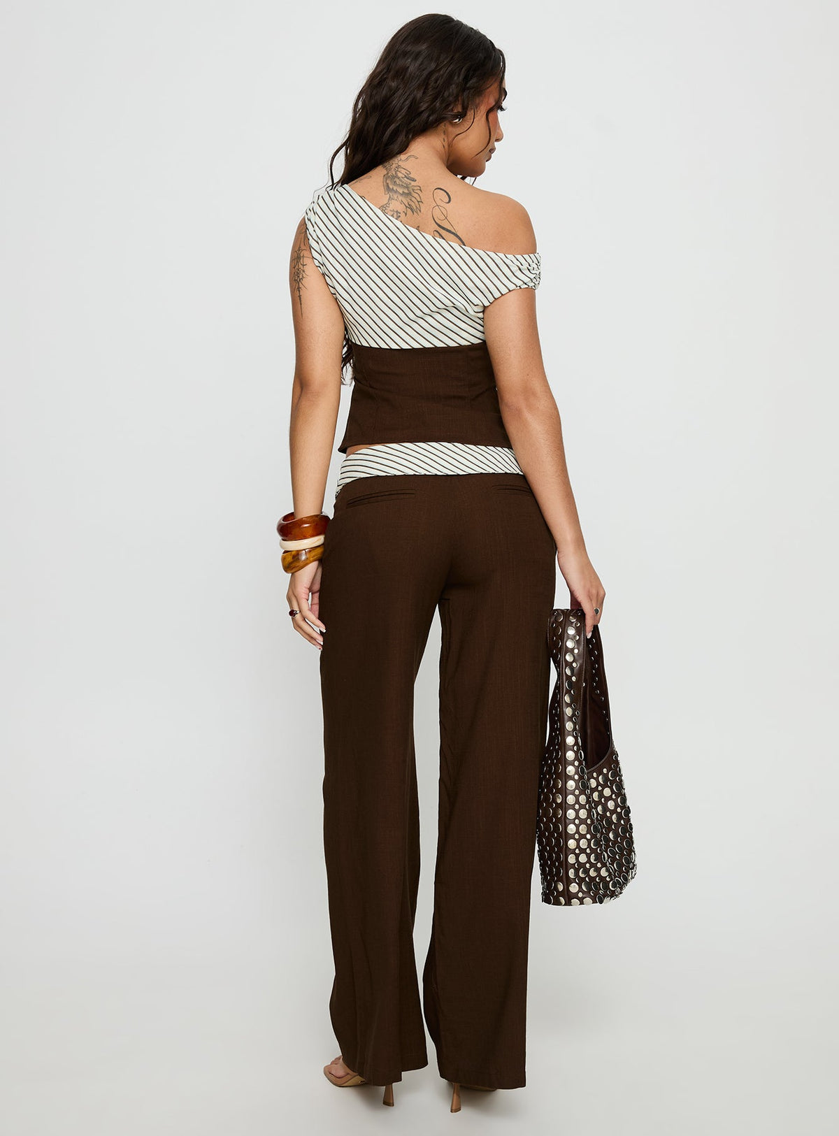 back view of model wearing Princess Polly Past Life Fold Over Waistband Pant Brown / Stripe Mid Rise Pants 