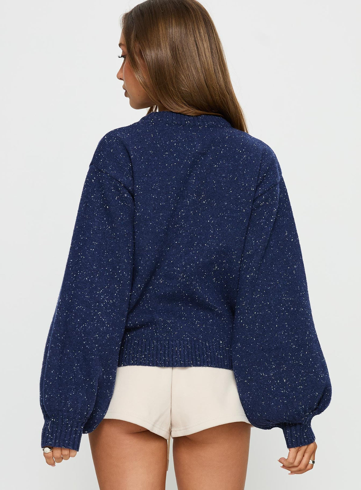 back view of model wearing Princess Polly Dorah Boxy Cardigan Navy Blue 