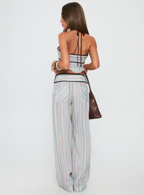 back view of model wearing Princess Polly Taylar Thick Waistband Tie Pants Green Stripe High Waisted Pants 