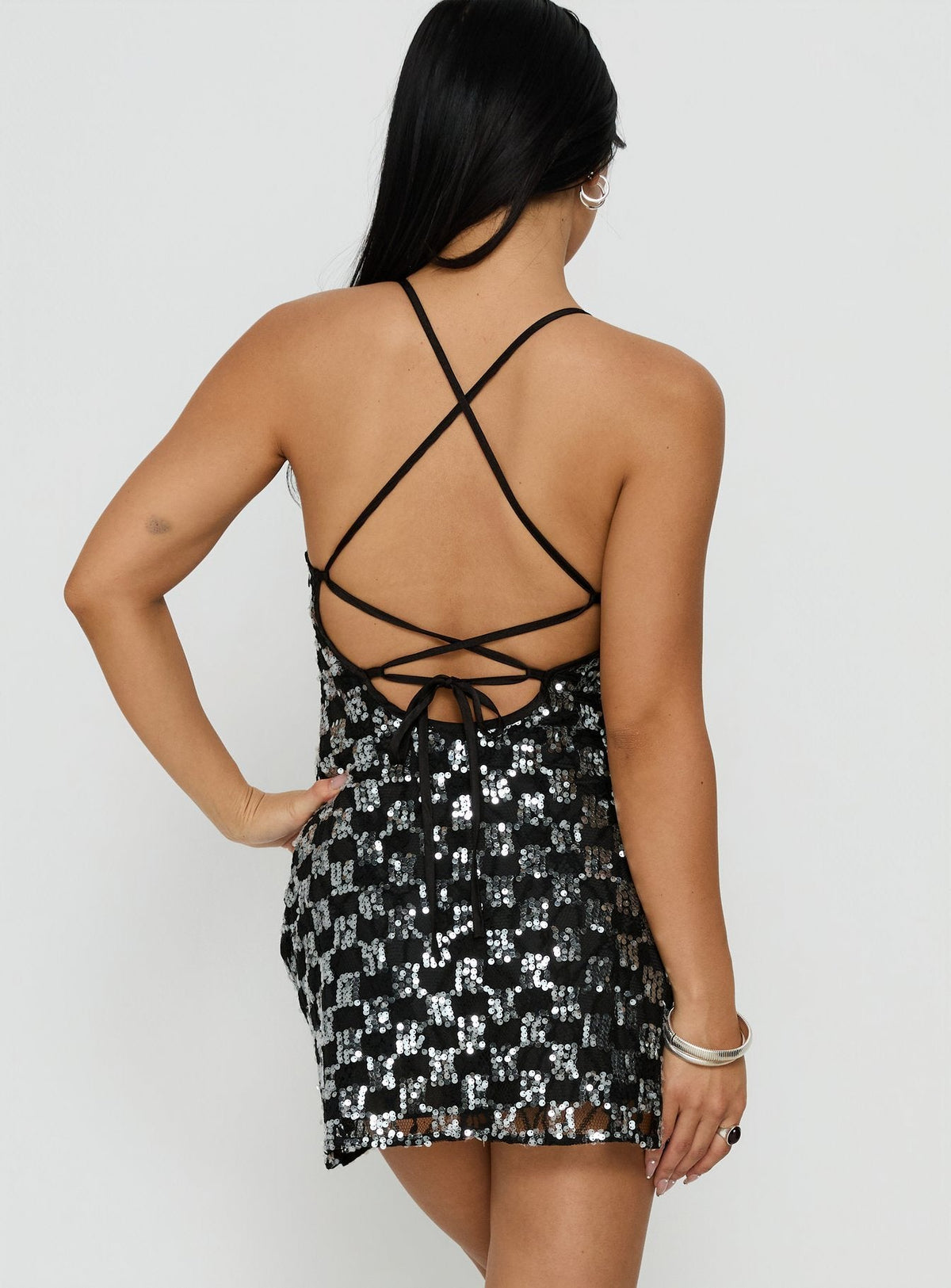 Discokugel-Pailletten-Spitzen-Minikleid Schwarz
