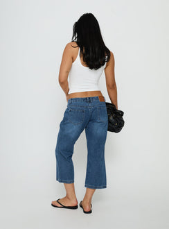 Presenting Hierarchy Low Rise 3/4 Length Jeans Mid Wash in womens-jeans featuring low-rise waist back view of model wearing Princess Polly