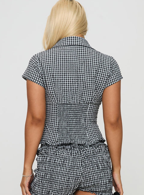back view of model wearing Princess Polly Covey Shirred Puff Sleeve Top Multi Short Sleeves High Neck 