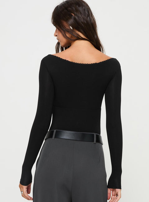 back view of model wearing Princess Polly Loveydove Bodysuit Black Long Sleeve Tops 