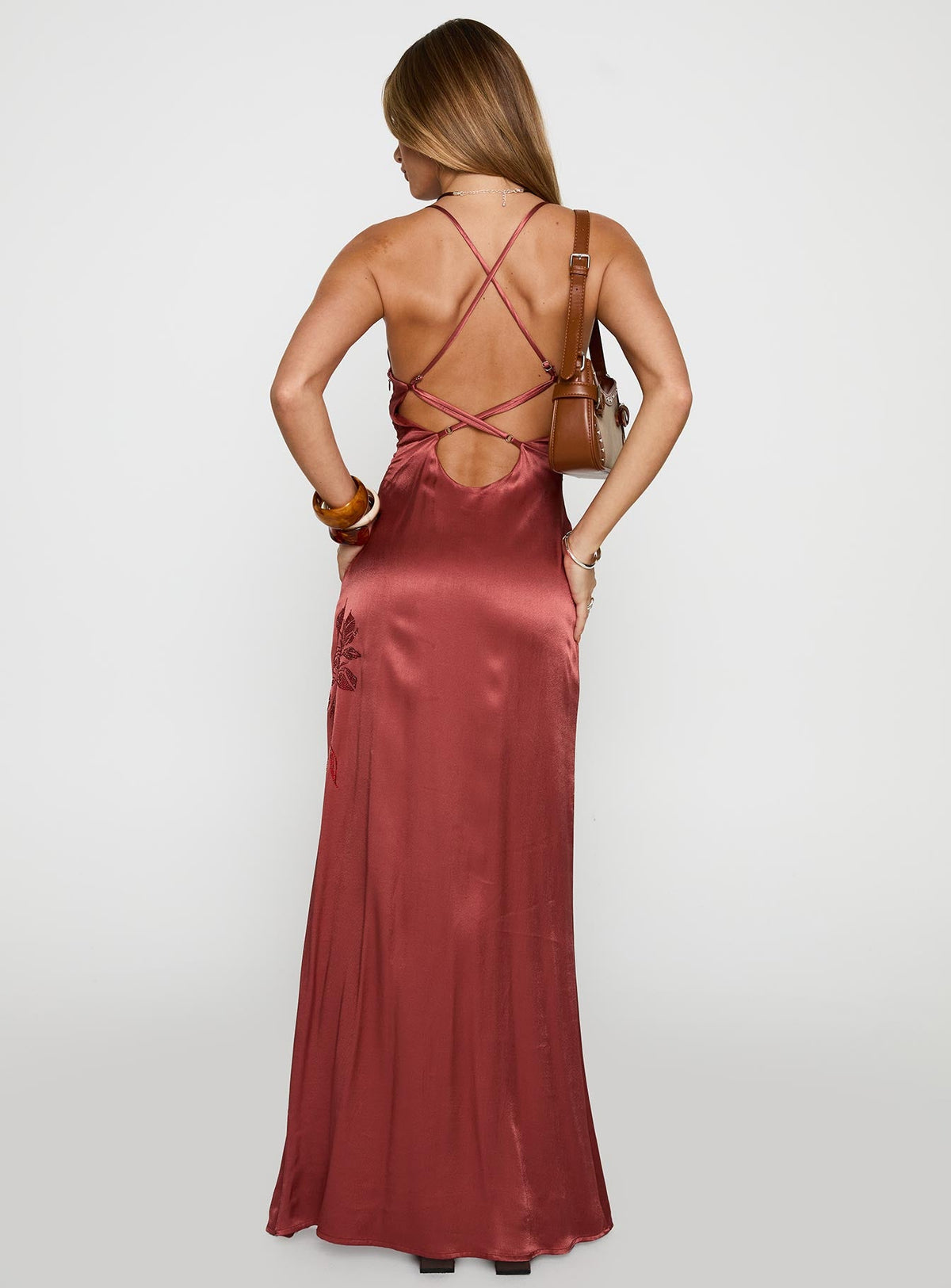 back view of model wearing Princess Polly Catch You Up Beaded Maxi Dress Red Scoop Neck 