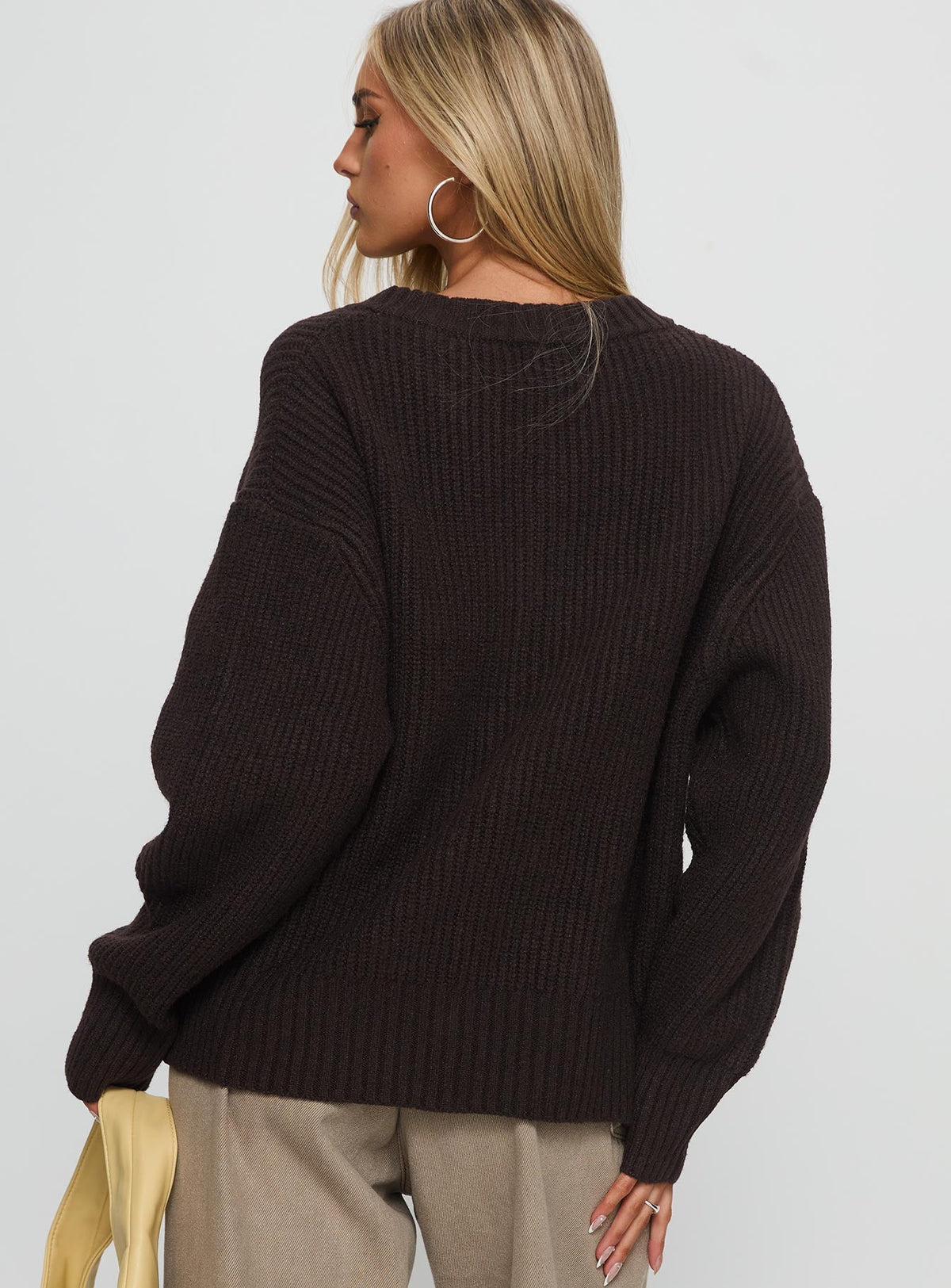 back view of model wearing Princess Polly Lexene Zip Through Jumper Chocolate Longline Jumpers 