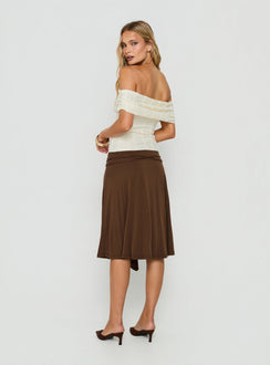Crafted with the Joaney Tie Side Jersey Midi Skirt Chocolate womens-skirts in midi length back view of model wearing Princess Polly