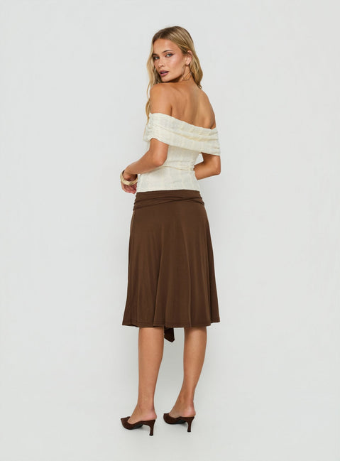 Crafted with the Joaney Tie Side Jersey Midi Skirt Chocolate womens-skirts in midi length back view of model wearing Princess Polly