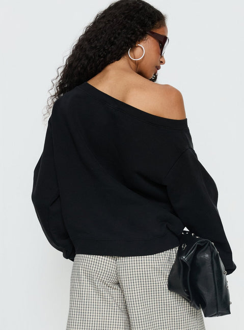 back view of model wearing Princess Polly Wellness Off the Shoulder Jumper Washed Black Longline Jumpers Jumpers 