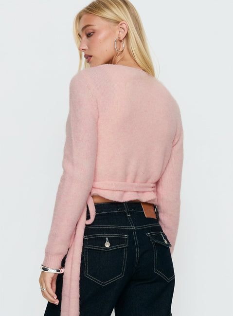 back view of model wearing Princess Polly Tonee Wrap Knit Cardigan Pink cropped Jumpers 