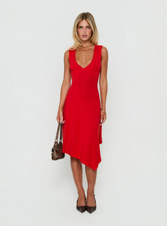 Louisia V-Ausschnitt Midi-Kleid mit Taschentuchsaum Rot