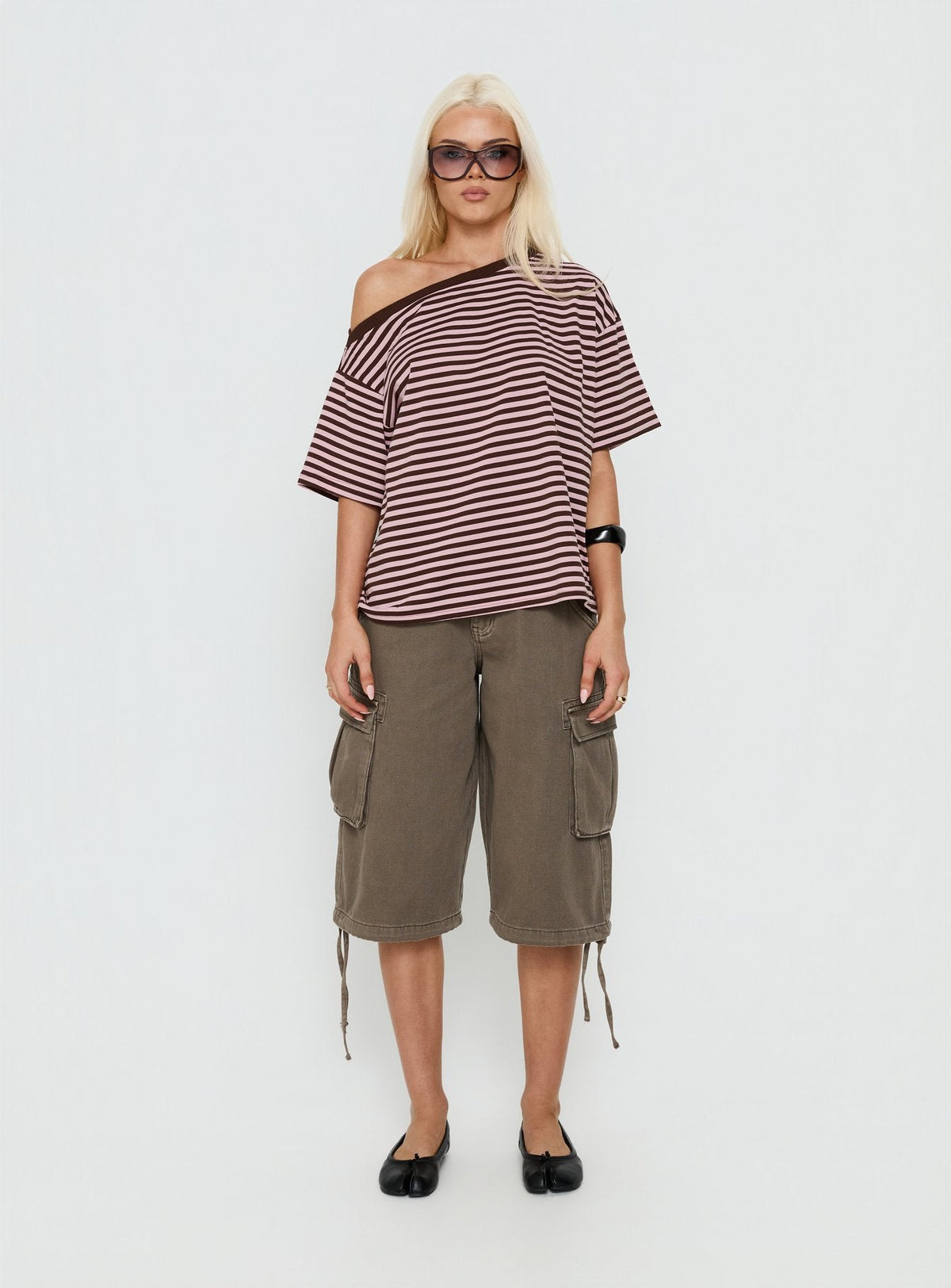 Settle Down One-Shoulder-Top Rosa/Schoko gestreift