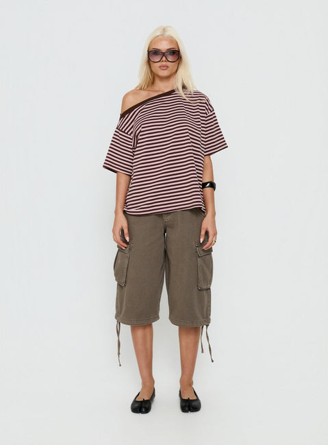 Settle Down One-Shoulder-Top Rosa/Schoko gestreift