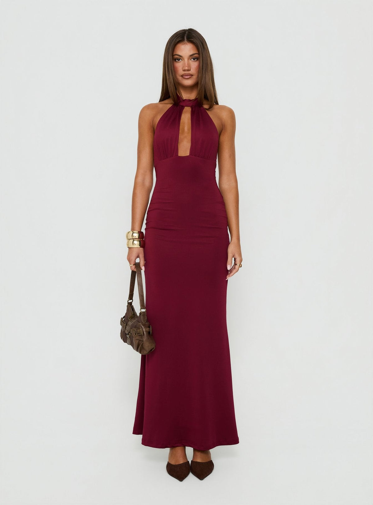Soreya High Neck Cut Out Maxi Dress Burgundy