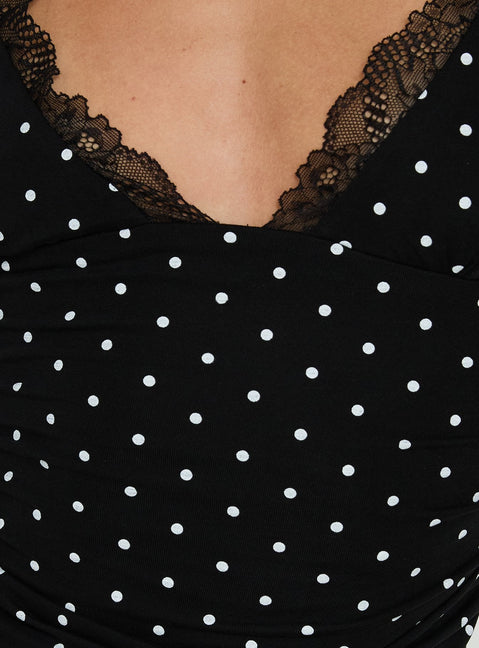 Amia Lace V-Ausschnitt Top Schwarz Tupfen