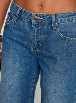back view of model wearing Princess Polly On Sunset Mid Rise Straight Leg Jeans Dark Wash Mid Rise 