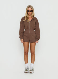 Highlighting the Daytime Cropped Blouson Hoodie Cocoa womens-jumpers with short length detail product Princess Polly