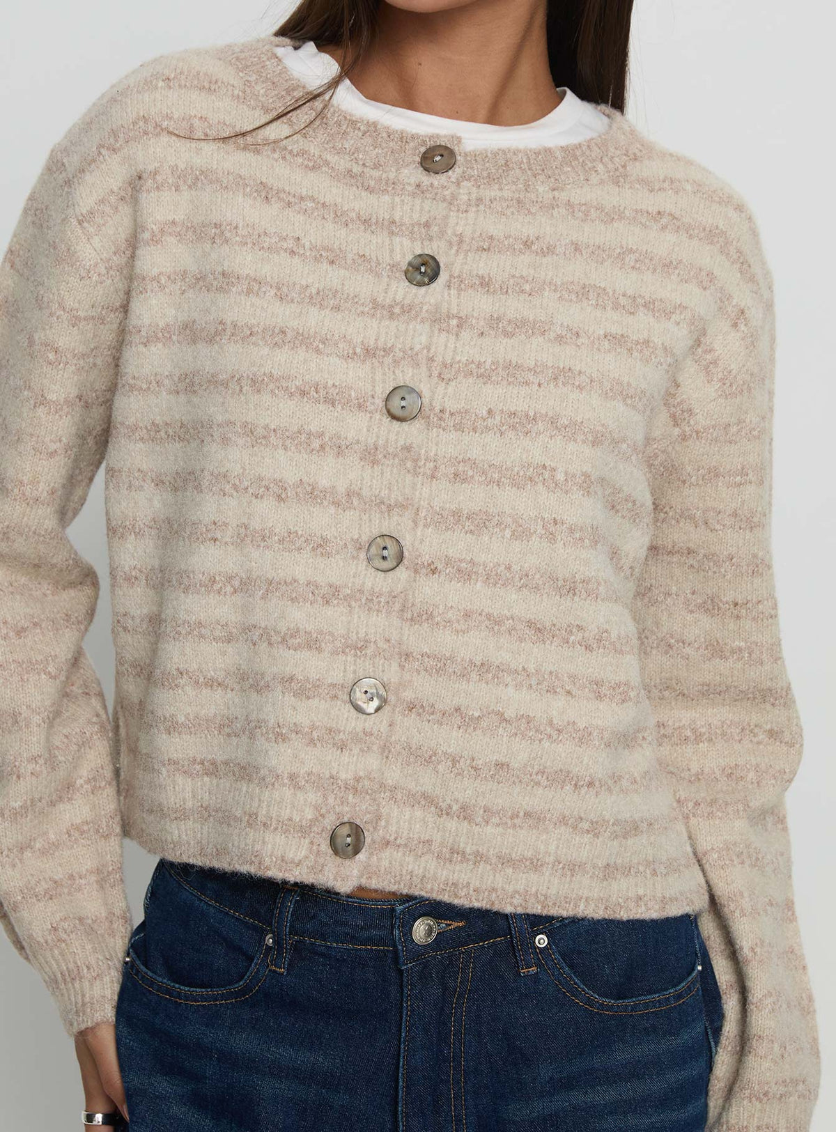 back view of model wearing Princess Polly Raynna Button Up Cardigan Beige Stripe Cropped Jumpers 