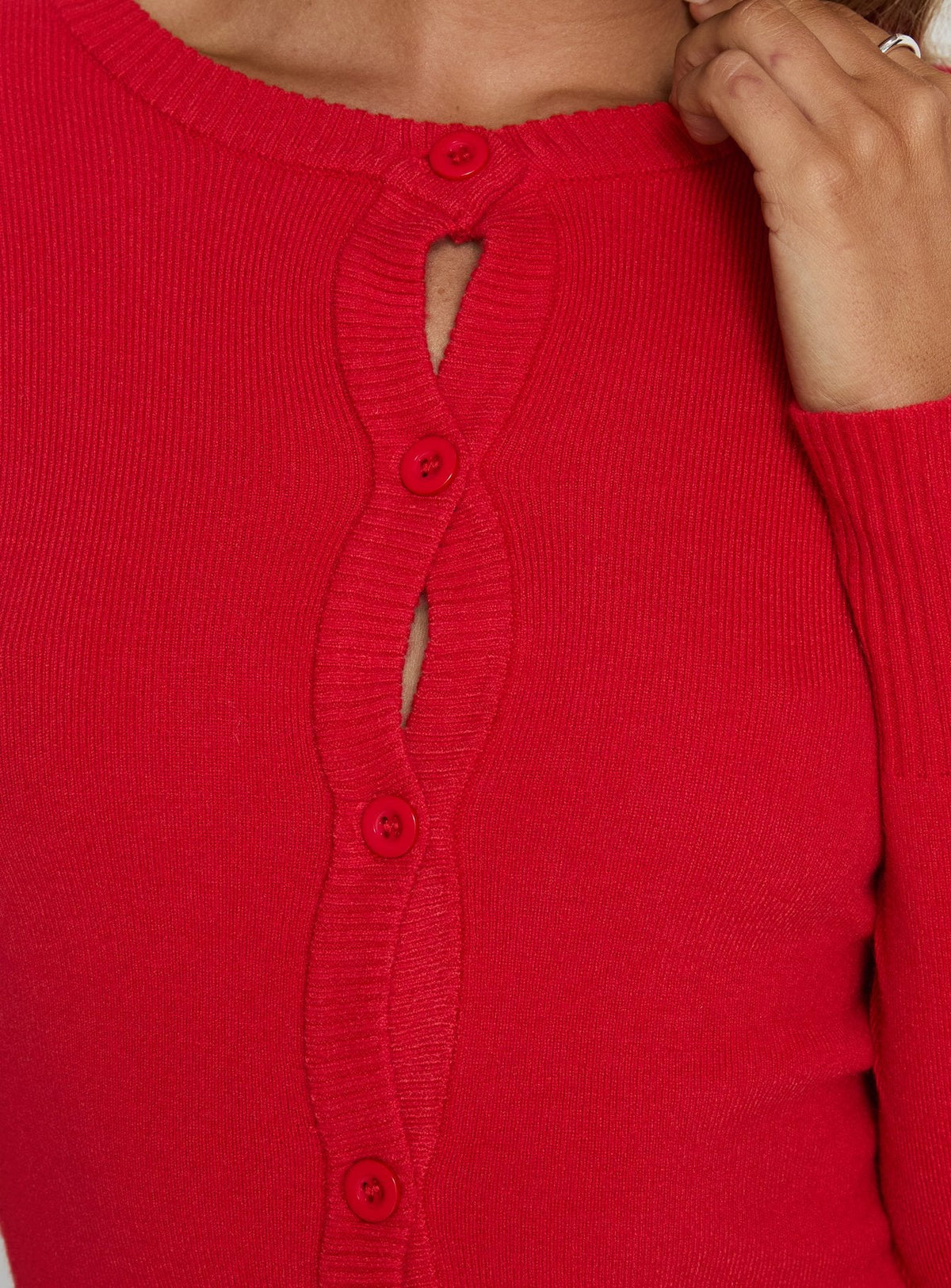 back view of model wearing Princess Polly Lauraine Cardigan Red cropped Jumpers 