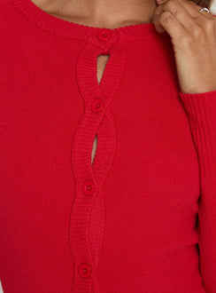 back view of model wearing Princess Polly Lauraine Cardigan Red cropped Jumpers 