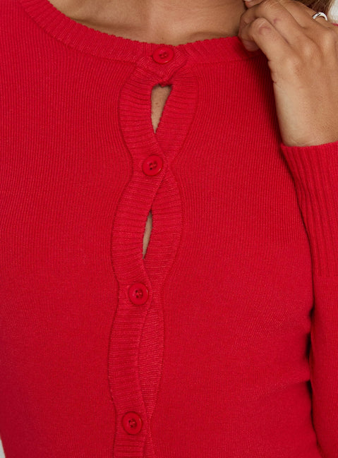 back view of model wearing Princess Polly Lauraine Cardigan Red cropped Jumpers 
