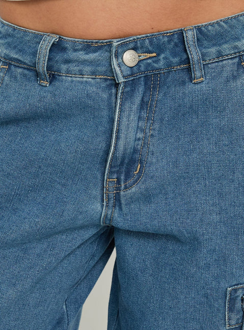 Hudsen Longline Cargo Denim Jorts Mittelblaue Waschung