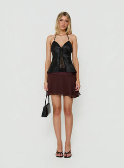 Introducing the Emey Asymmetrical Mini Skirt Brown in womens-skirts with a mini length front view of model wearing Princess Polly
