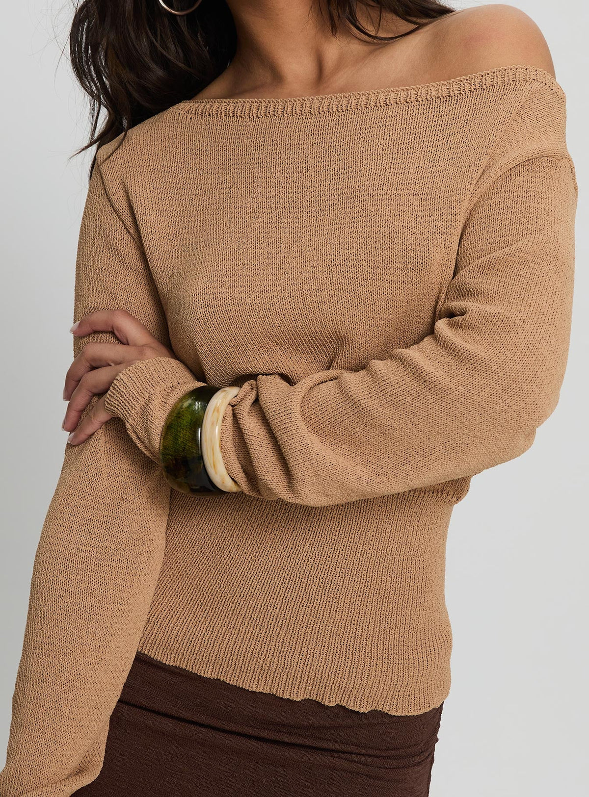 back view of model wearing Princess Polly Xaria Off Shoulder Knit Sweater Tan 