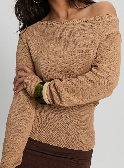 back view of model wearing Princess Polly Xaria Off Shoulder Knit Sweater Tan 