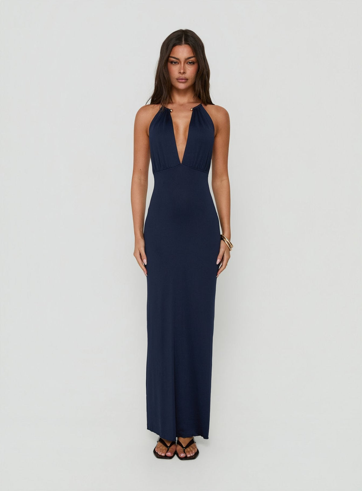 Dionira Plunge Neck Maxikleid zum Binden in Marineblau