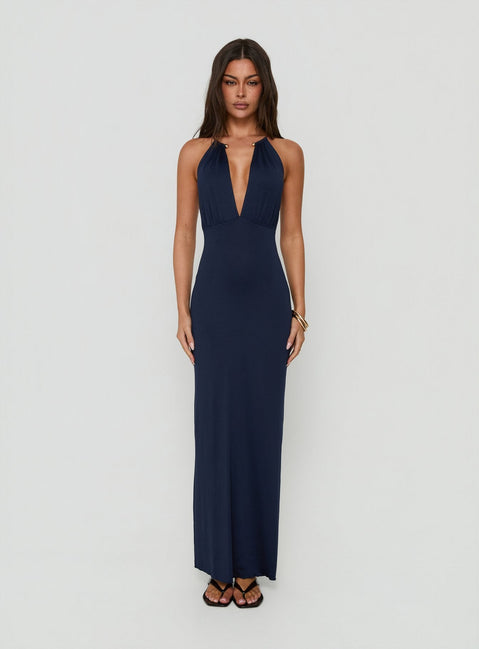 Dionira Plunge Neck Maxikleid zum Binden in Marineblau