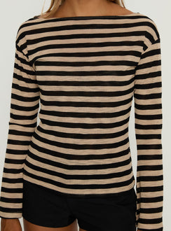So Composed Langarm-Top mit U-Boot-Ausschnitt Latte Stripe