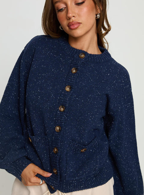 front view of model wearing Princess Polly Dorah Boxy Cardigan Navy Blue 