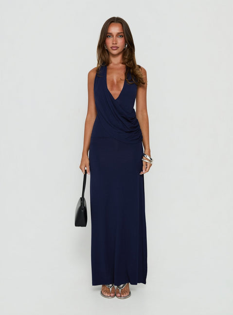 Asmeralda Plunge Low Back Maxi Dress Navy