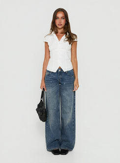Showcasing the Ellanor Low Rise Paint Straight Leg Jean Vintage Mid Blue in womens-jeans featuring low-rise waist front view of model wearing Princess Polly
