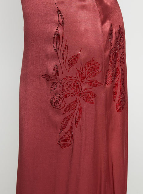 back view of model wearing Princess Polly Catch You Up Beaded Maxi Dress Red Scoop Neck 