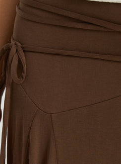 Designed with the Joaney Tie Side Jersey Midi Skirt Chocolate womens-skirts featuring midi length detail Princess Polly