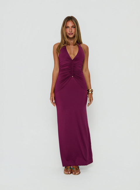 Erene gerafftes Neckholder Maxikleid Berry