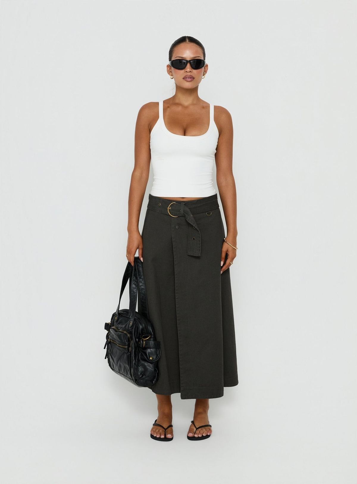 Styled True Visions Belted Maxi Skirt Charcoal womens-skirts in dark olive green maxi length Princess Polly