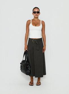 Styled True Visions Belted Maxi Skirt Charcoal womens-skirts in dark olive green maxi length Princess Polly